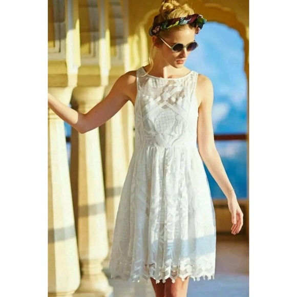 Anthropologie Women's Maeve Pina White Ivory Lace Pineapple Fit & Flare Dress - Picture 4 of 15